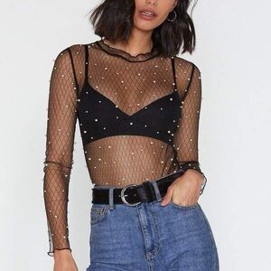 Sheer Black Mesh Top with Pearl Accents